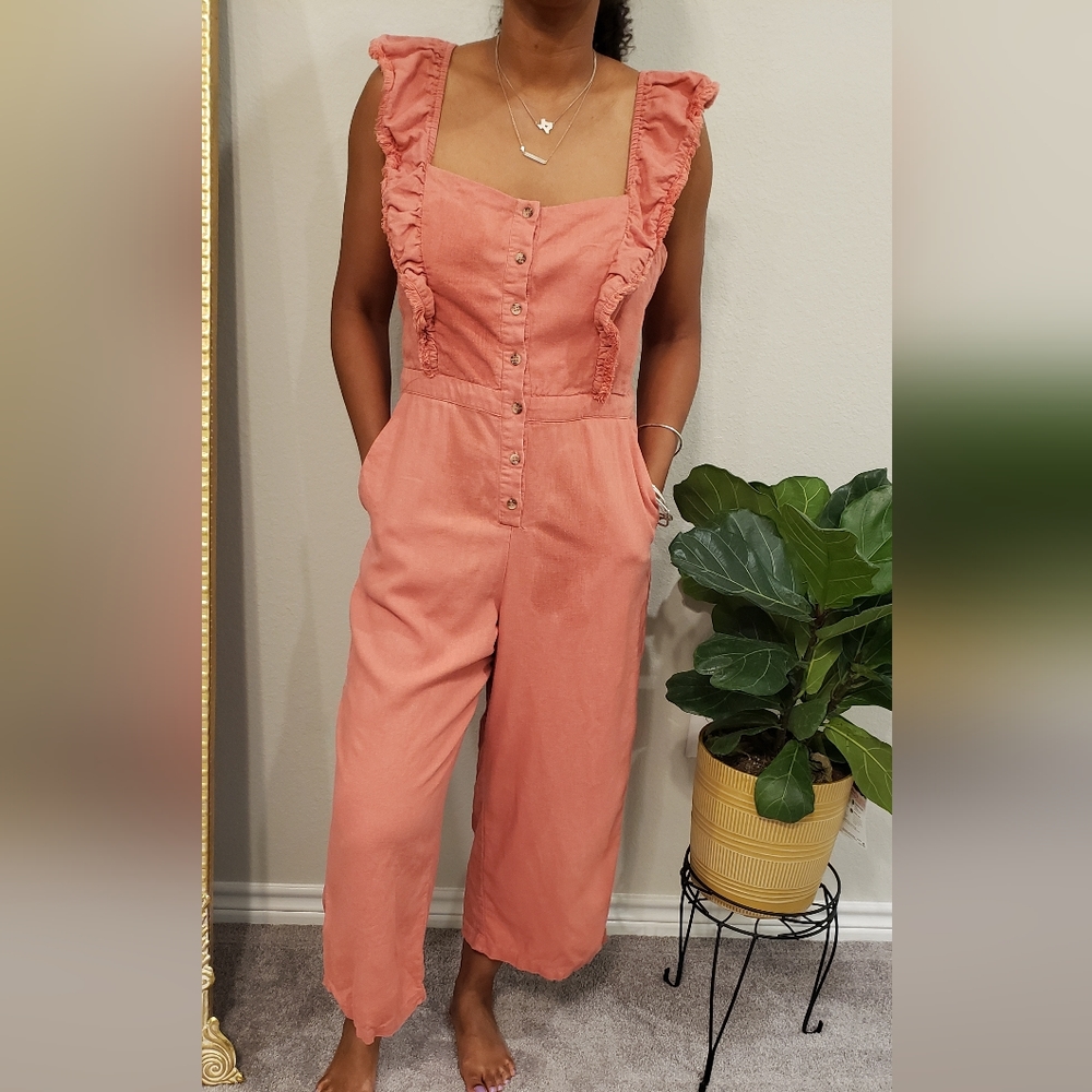 June& Hudson, muted coral, wide leg jumpsuit, open back, Medium, linen& poly